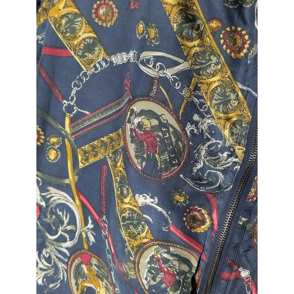 Lady CA Sport Vintage Silk Bomber Jacket 2X Navy Blue Baroque Chain Print Zip - Picture 10 of 11